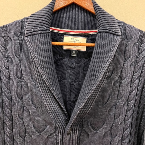 Flag Anthem Cardigan Extra Large Blue Cotton Cable Knit Shawl Collar Academia - Picture 3 of 7